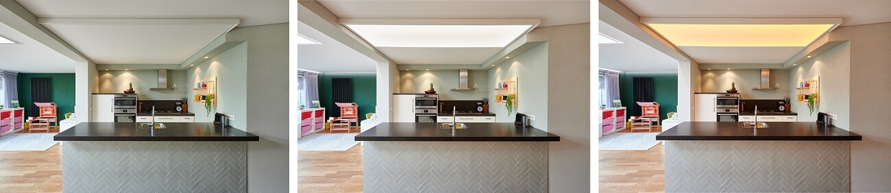 Plameco spanplafonds: dimbare ledverlichting, lichtplafond, keuken
